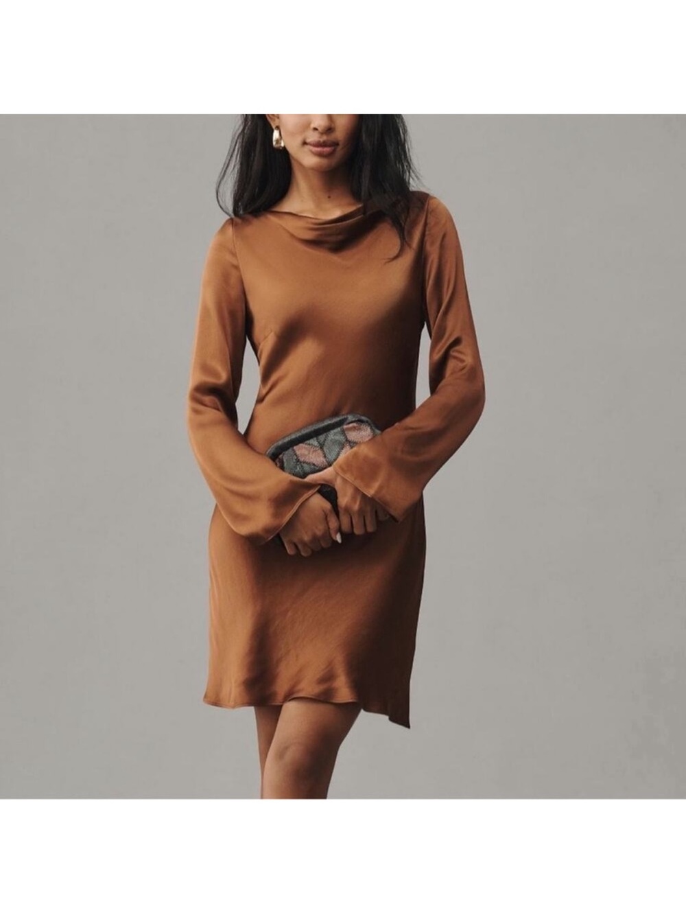 NWT Anthropologie Satin Long-Sleeve Cowl Neck Dress in Copper Brown - Size L